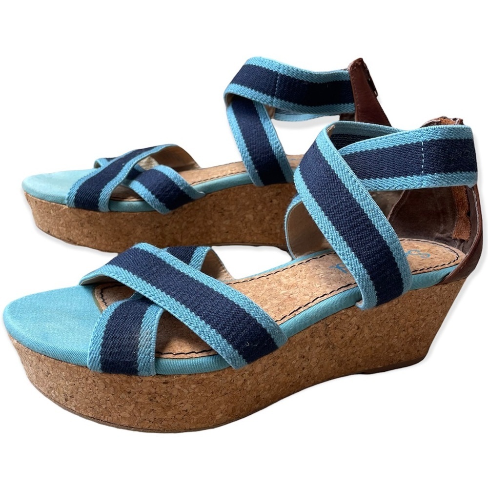 Splendid Wedges Cork Leather Strappy Blue Brown Womens 11